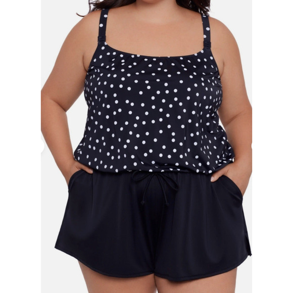 Swim Solutions Plus Size Polka Dot Swim Romper One Piece, Black Size 20W 15083 - Picture 1 of 2